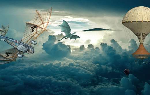 Steampunk balloons dragon illustration