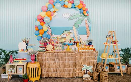 Festive decorated area with presents and desserts