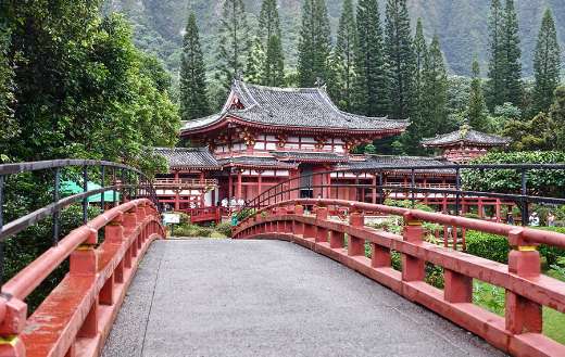 Japanese temple wooden bridge perspective