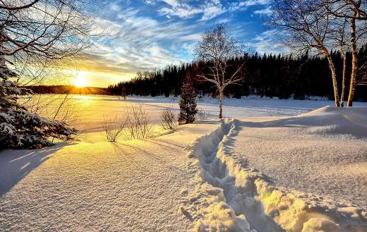 Winter landscape cold sunset