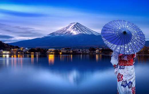 Asian woman wearing kimono at Fuji mountain