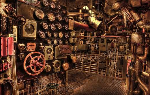 Historic navy war battleship engine room