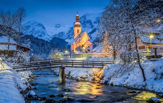 Church Ramsau winter twilight Bavaria Germany