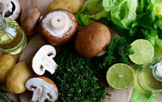 Mushrooms vegetables and herbs