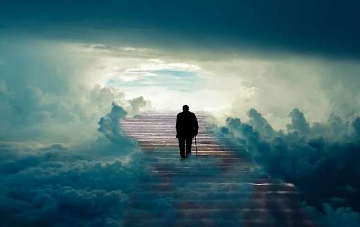 Old man climbing heavens stairs