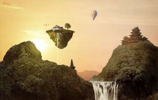 Fantasy waterfall with floating house