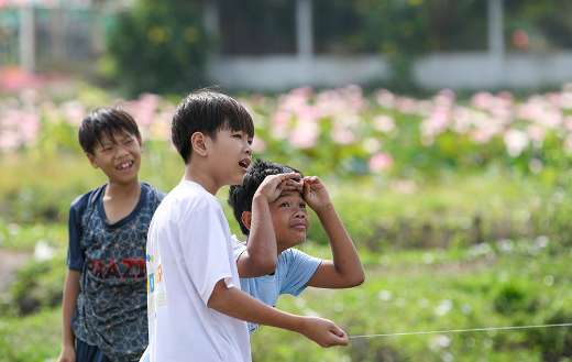 Young boys playing flying kite