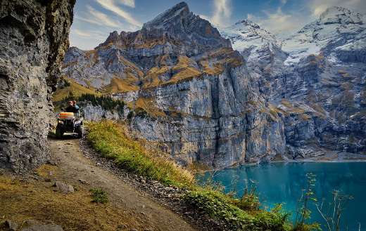 Mountain landscape pathway with tractor