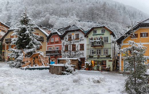 Panorama of Hallstatt Austria with snow