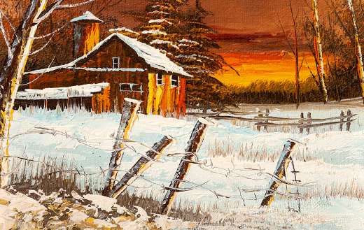Rural sunset winter landscape oil painting