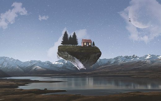 Floating mountain with house