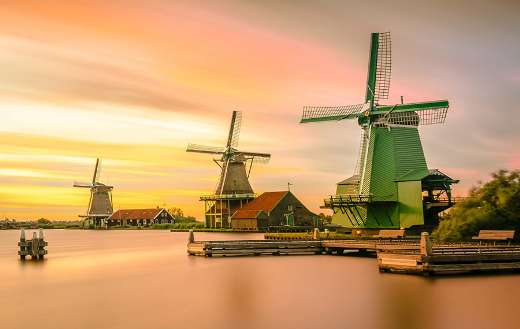 Netherlands sunset windmills view