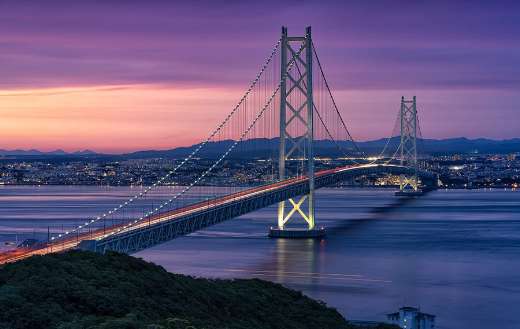 At dusk the Akashi Kaikyo bridge