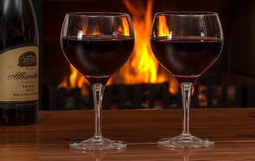 Log fire red wine