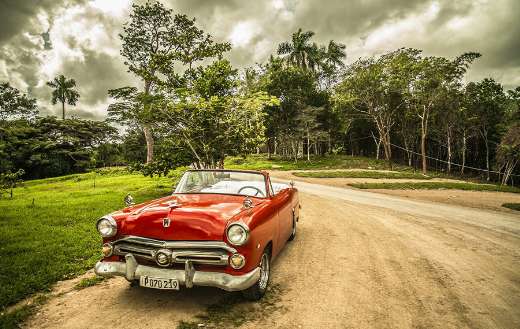 Old red car old timer travel Cuba forest online