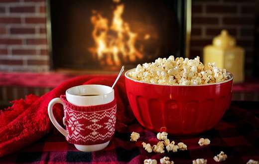 Warm and cozy with popcorn coffee fire place
