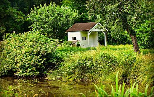 Small white cottage in nature