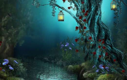 Fantasy tree lantern blue river