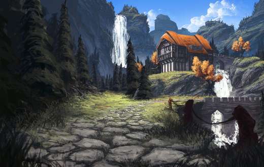 Hut in the mountain river art