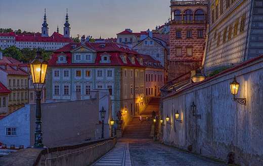 Old town buildings street twilight dusk dawn