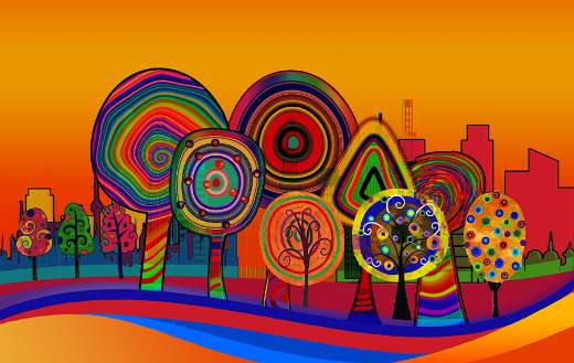 Colorful art trees circle wave