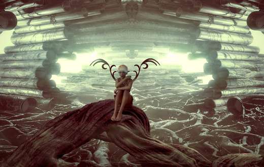 Gloomy cave mysterious elf sit in mood