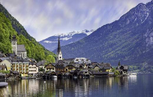 Houses building village river mountains