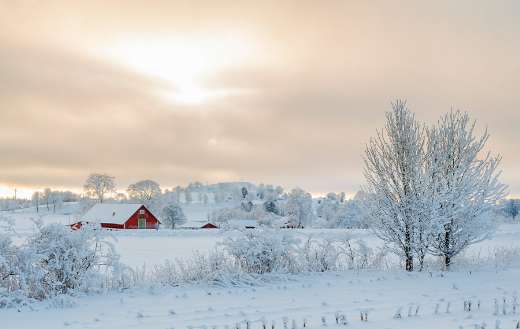 Farmhouse in rural winter landscape with snow and frost