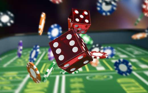 Close up view craps table with dices and fiches