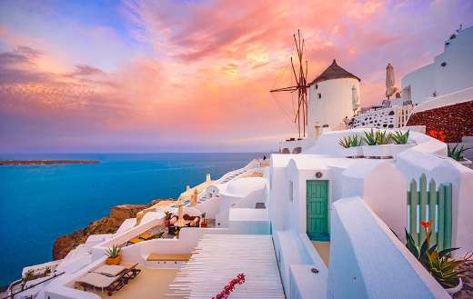 Famous houses Santorini Greece blue domes Caldera Aegean sea