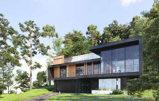 Modern house in forest 3d render