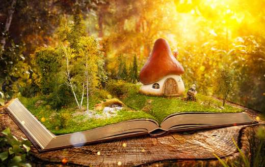 Magical mushroom house on page opened book