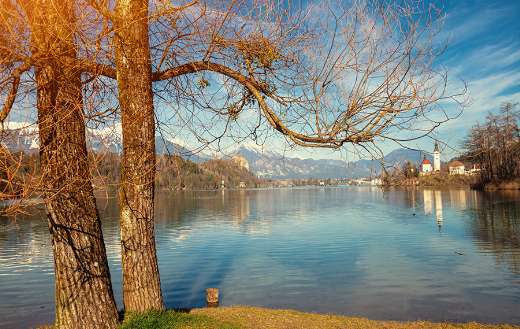 Snowy mountain and beautiful lake nature