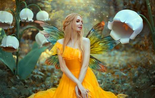 Fantasy woman in bright yellow dress
