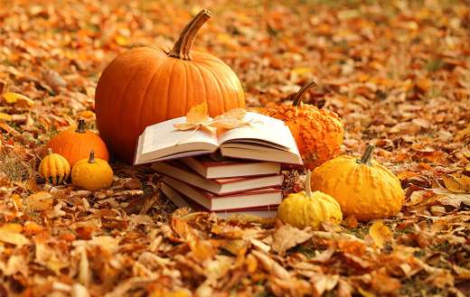 Autumn books and orange pumpkin