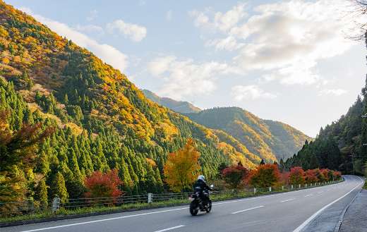 Motorcycle running the road facing autumnal mountains