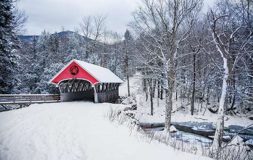 A red bridge snow covered winter