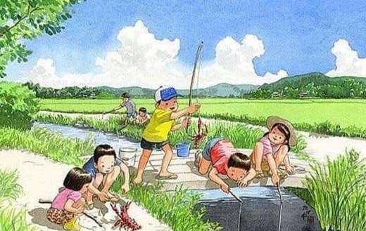 Kids drawing playing by the riverside