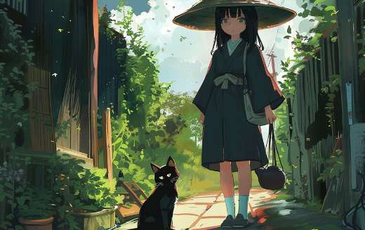 Asian girl in hat and cat