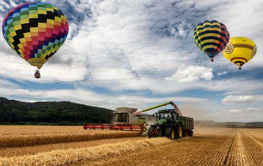 Hot air balloon flying at farm