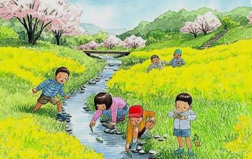 Illustration kids playingboats river