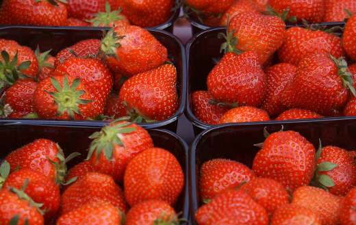 Strawberries in black boxes