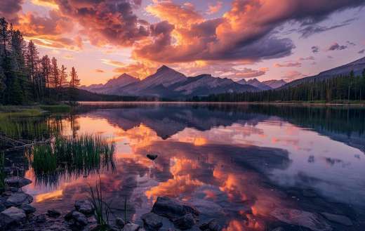 A breathtaking sunset over mountain lake