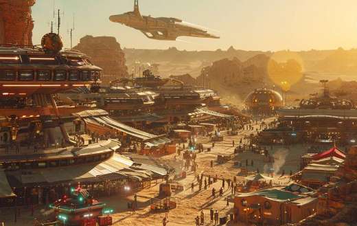 A bustling spaceport on distant planet