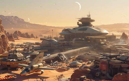 A bustling spaceport planet with future