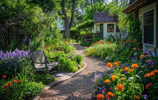 Charming cottage garden with winding paths a variety