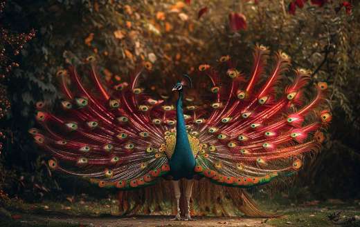 A beautiful peacock displaying its full colorful tail