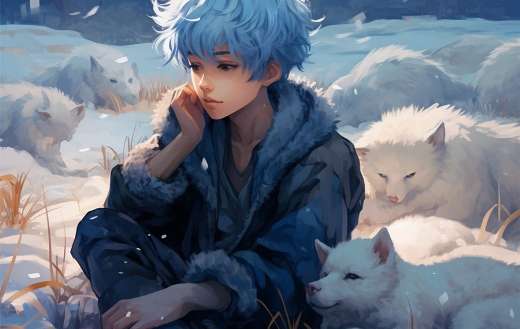 A boy with wolf sorround him