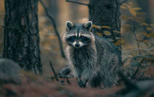 A curious raccoon exploring a woodland area