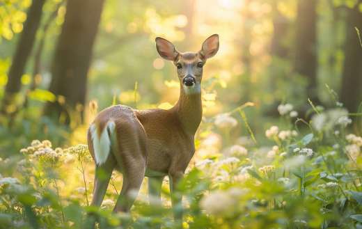 A deer standing in a sunlight in the forest